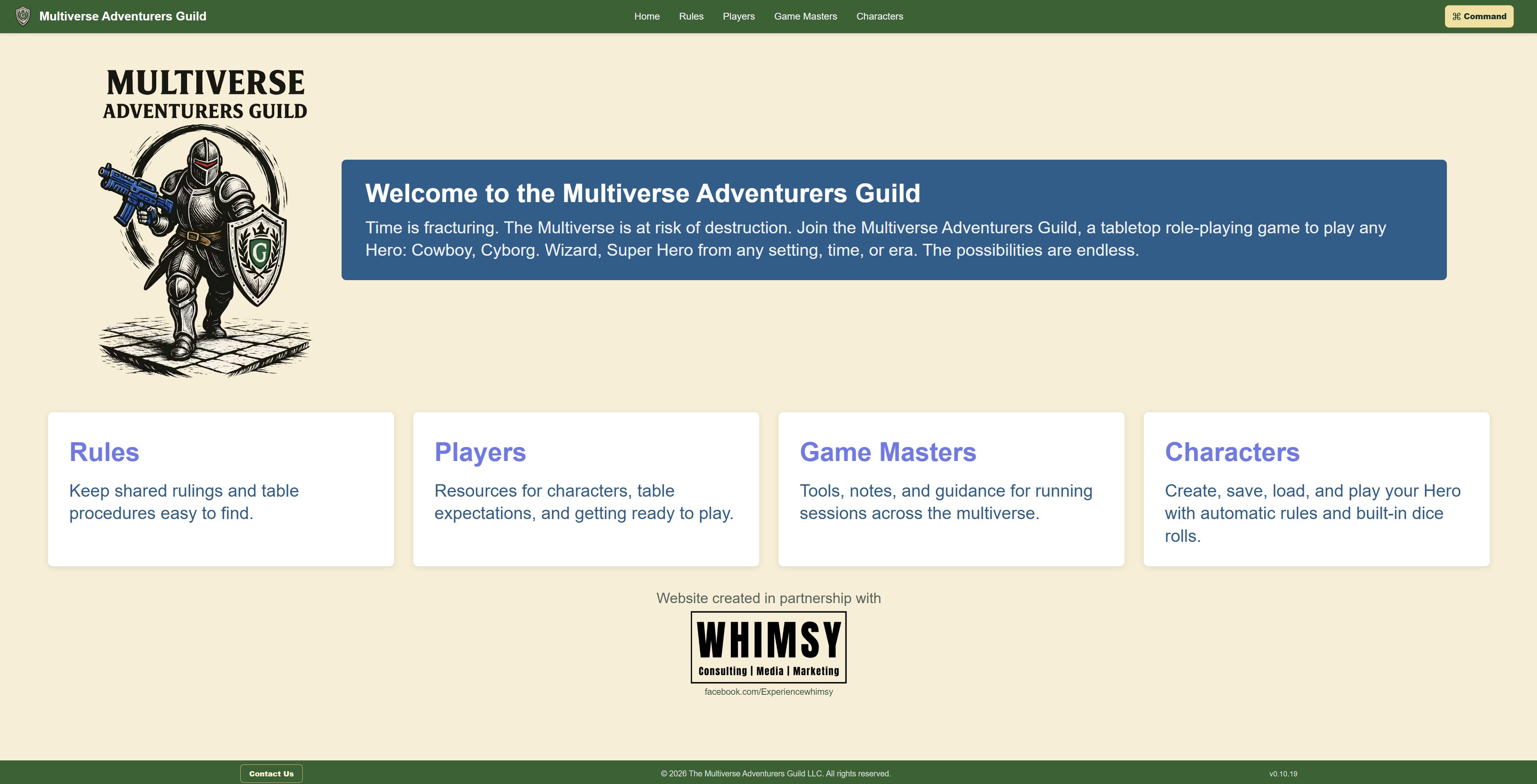 Multiverse Adventurers Guild homepage introducing the role-playing game and linking to rules, player guides, Game Master material, and characters.